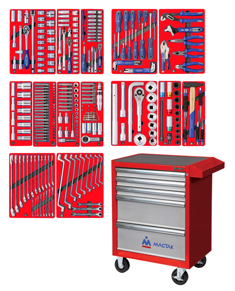 МАСТАК Набор инструментов "ПРОФИ" в красной тележке, 299 предметов 52-05299R